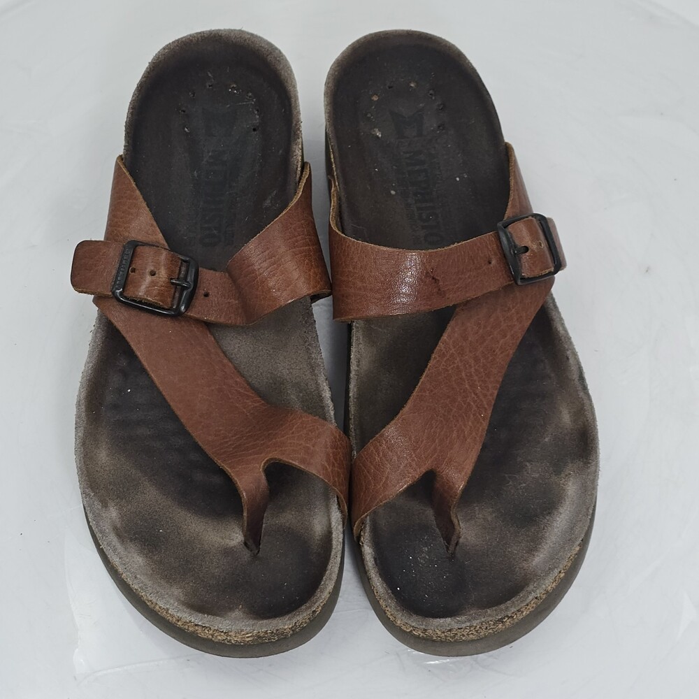 Mephisto Helen Women 39/8.5 Brown Leather Cork Wedge Thong Sandals/Flip Flops